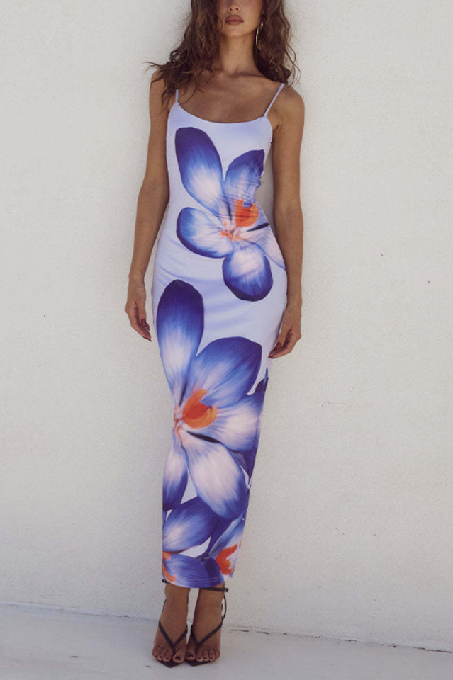 Spaghetti Strap Square Neck Oversized Floral Print Bodycon Maxi Dress