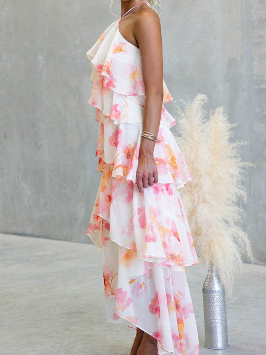 Chiffon Multi-story Halter Printed Vacation Maxi Dresses