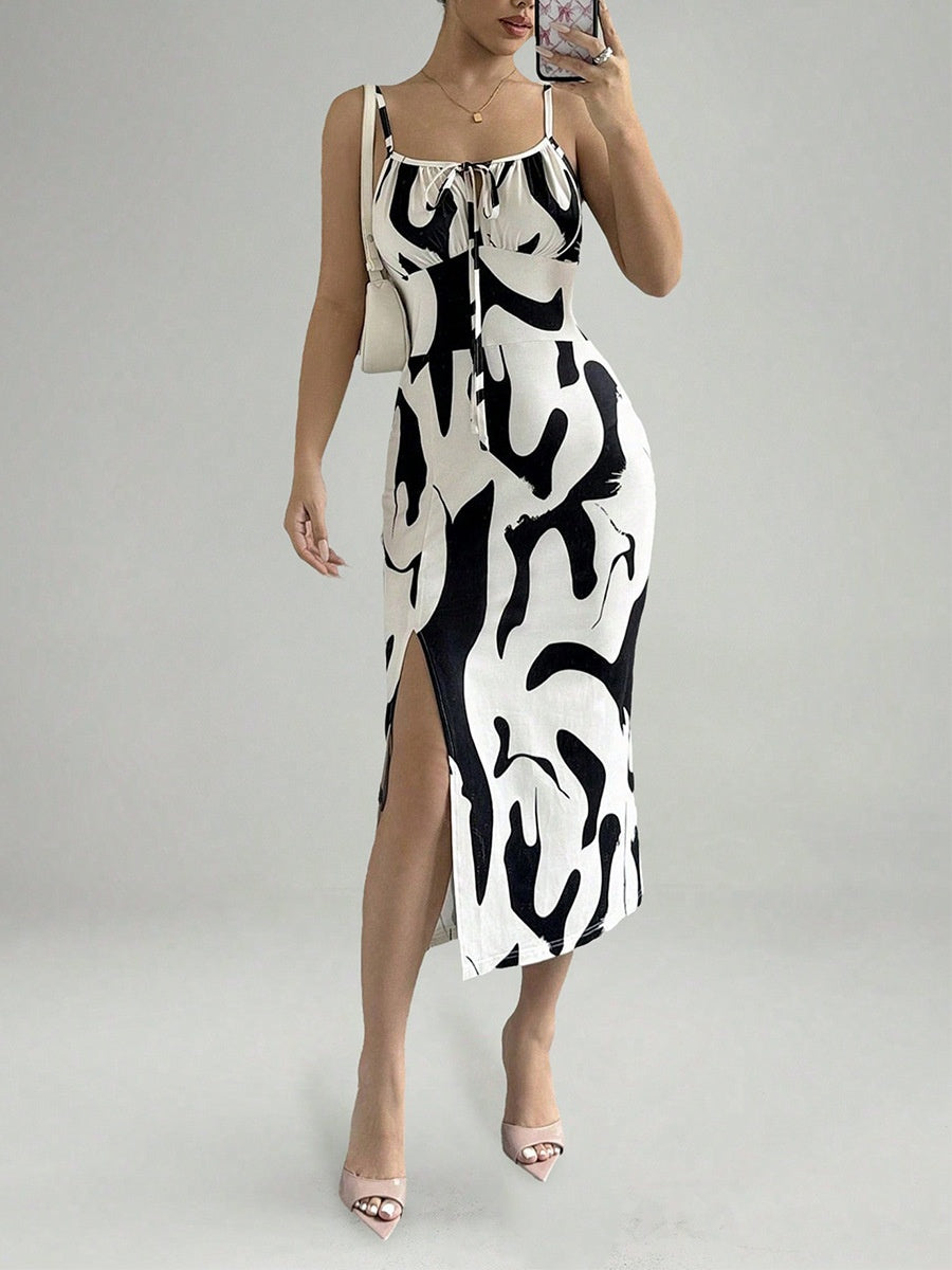 Zebra Print Sexy Vacation-style Slip Dress With Slit Midi Dress