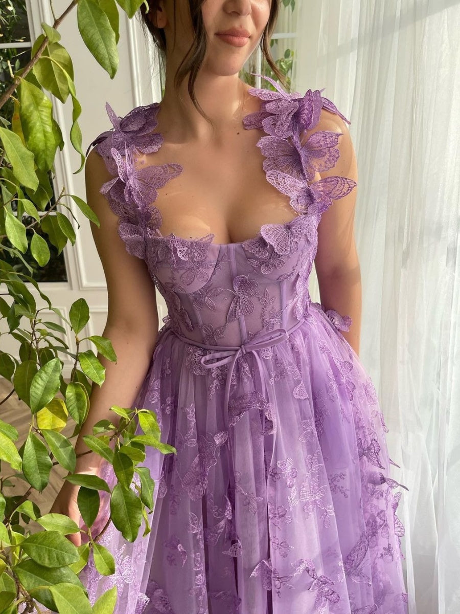 Sleeveless High-slit 3D Floral Purple Midi Dress