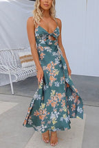 Floral Print Tie Front Cut Out Slit Midi Cami Dress