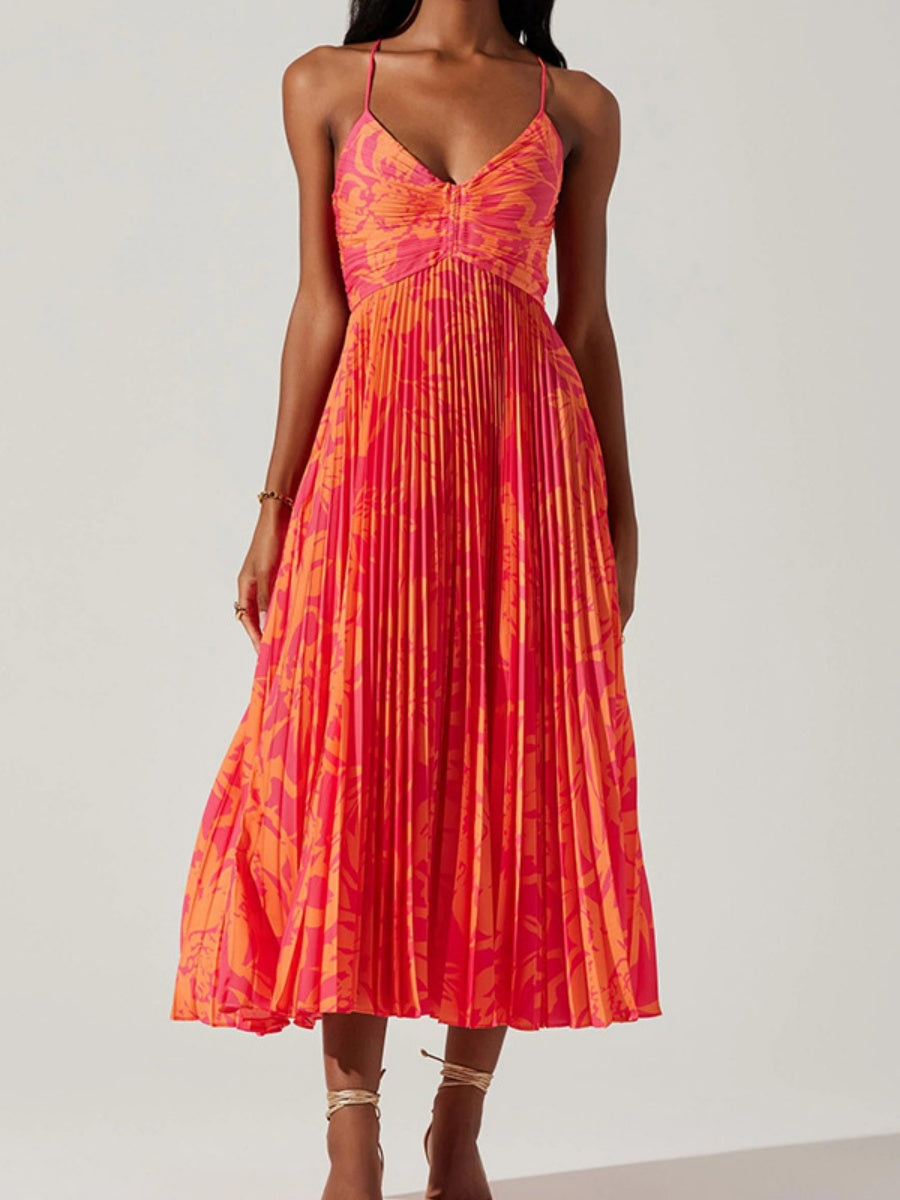 V-neck Camisoles Backless Graffiti Maxi Dresses