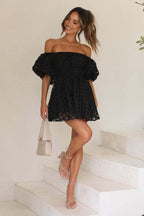 Off-the-Shoulder Puff Sleeve Windowpane Check Smocked Waist Mini Dress