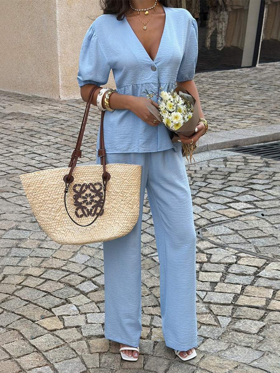 Resort Style Solid Color V-Neck Short-Sleeve Top And Pants Two-Piece Set