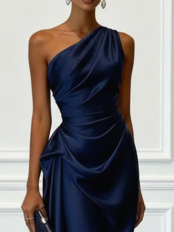 Off-the-shoulder Satin Pleated Midi Dress