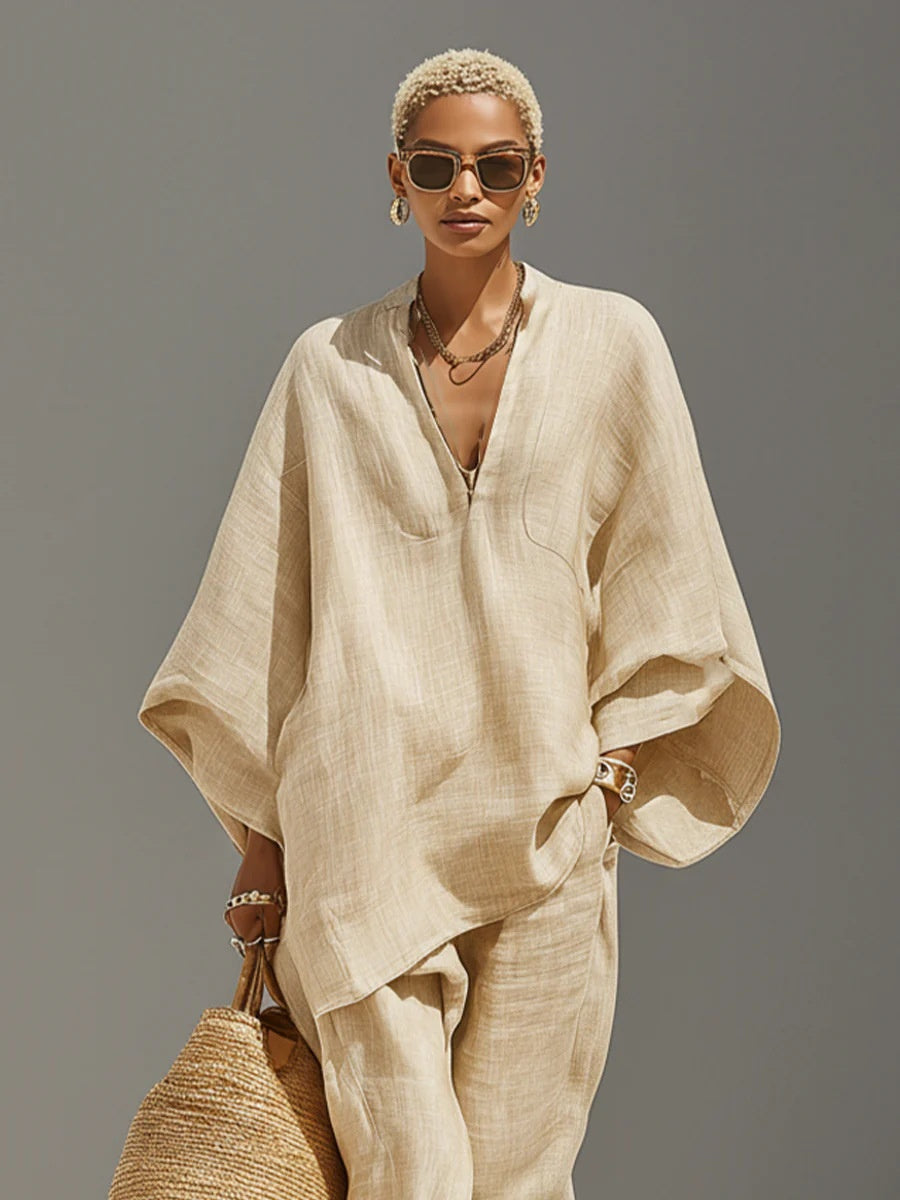 Solid Color Batwing Sleeves, V-neck, Loose Pockets 2-piece Sets