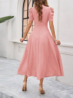 Pleated Waist Short Sleeve Maxi Dresses