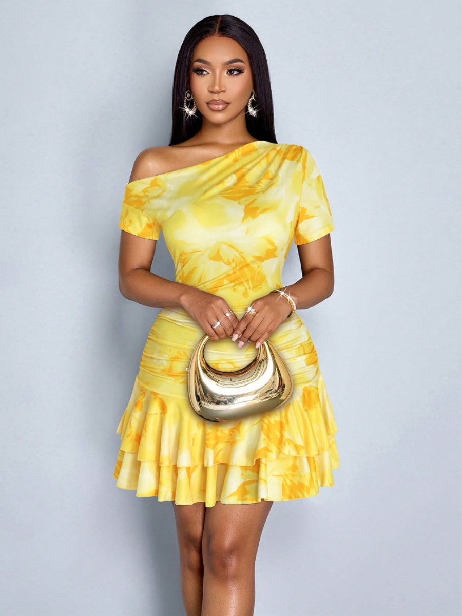 One Shoulder Long Skirt Hip-hugging Ruffle Printed Mini&Short Dresses
