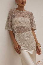 Crewneck Half Sleeves Crochet Hollow Out Sequin Top