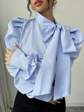 Puff Sleeve Bow Ribbon Stripes Leisure Shirts