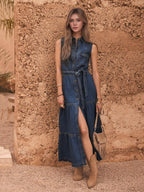 Lace Up Denim Buttons Temperament Maxi Dresses