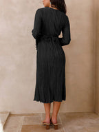 Lace-Up Plunging V-Neck Pleated Long Sleeve Empire Midi Dress