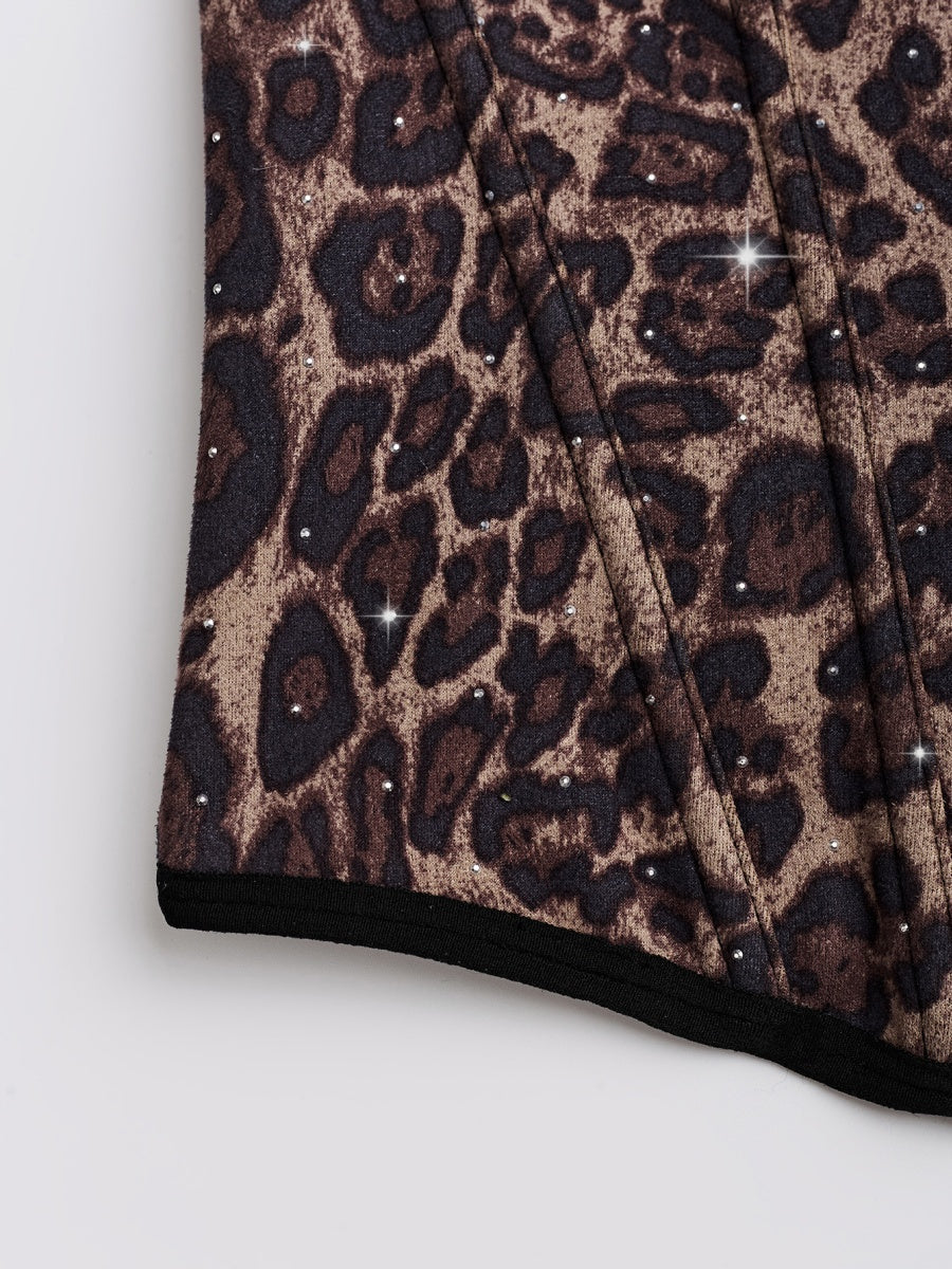 Rhinestone-studded Body Shaping Fish Bones Leopard Print Camisoles