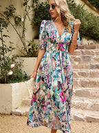 Waist-cinching Deep V-neck Floral Print Maxi Dresses