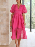 Balloon Sleeve Color Hollow Temperament Midi Dresses
