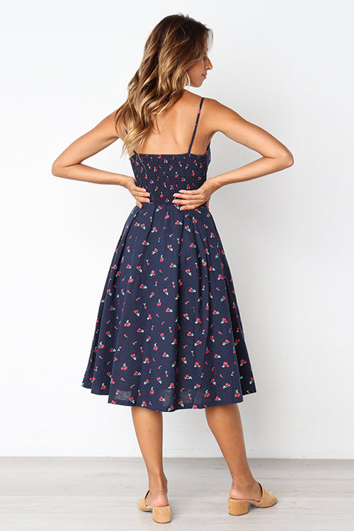 Linen Spaghetti Strap Tie Front Cut Out Button Front A-Line Midi Dress