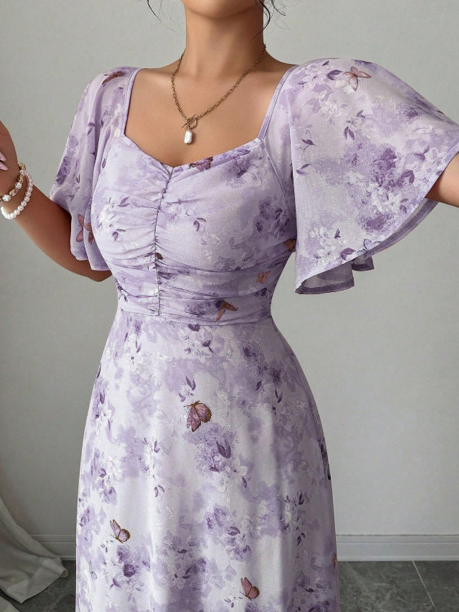 Floral Lotus Leaf Sleeves Sweetheart Collar Vacation And Leisure Maxi Dresses