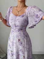 Floral Lotus Leaf Sleeves Sweetheart Collar Vacation And Leisure Maxi Dresses