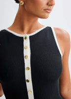 Ribbed Knit Contrast Trim Button Front Pocket Flap Sleeveless Midi Dress