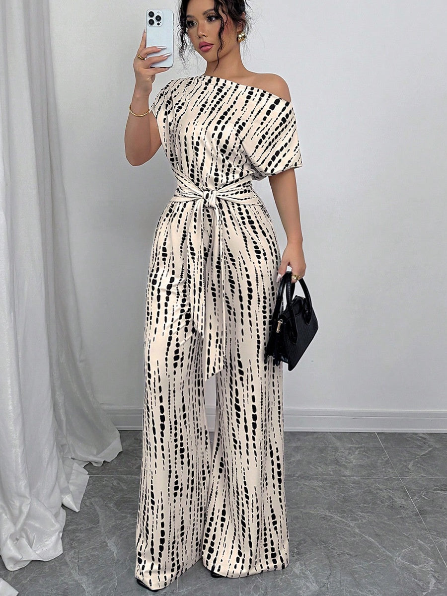 One-shoulder Tie-up Jumpsuit With Wide Legs