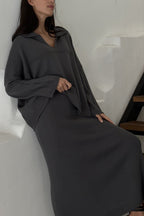 Lapel V Neck Sweater Skirt Set