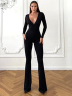 Slim-fit Deep V-neck Long-sleeved Flared Jumpsuit