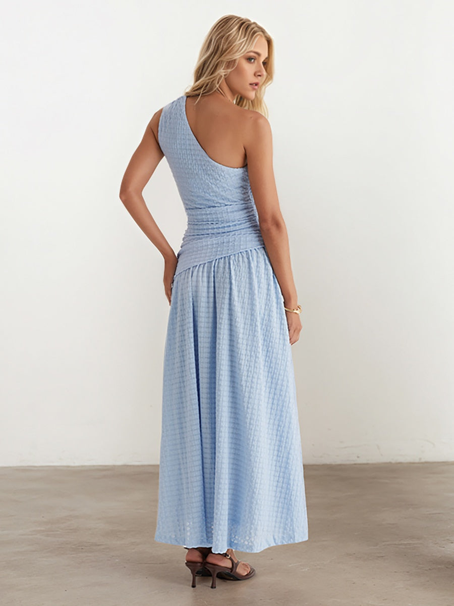 Sloping Shoulders Blue Asymmetrical Instagram Style Maxi Dresses