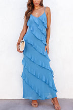 V Neck Side Slit Frills Maxi Cami Dress