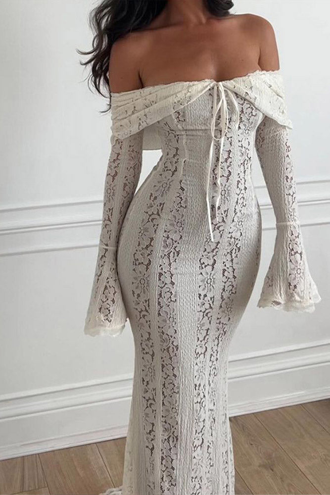 Matilde Statement Lace Wide Flared Sleeve Off Shoulder Dress Boutique Collection