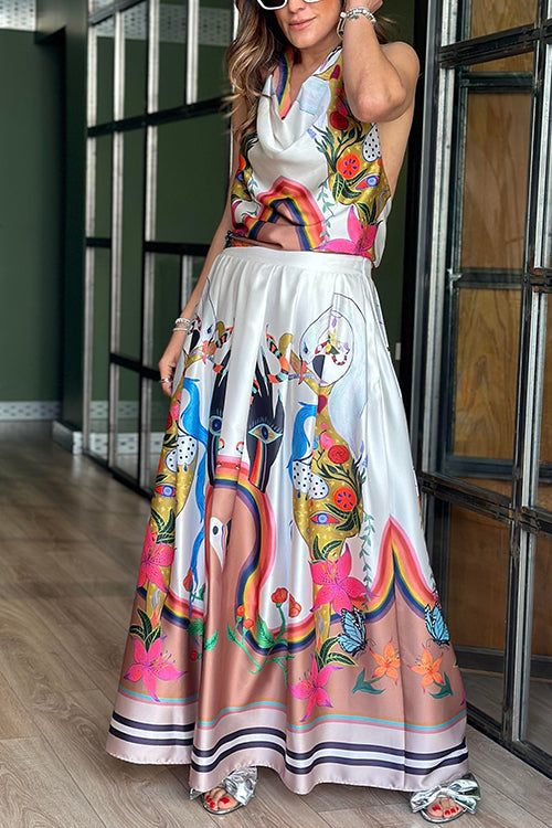 Unique Print Cowl Neck Tie Knot Backless Top and Pocketed Maxi Skirt Set