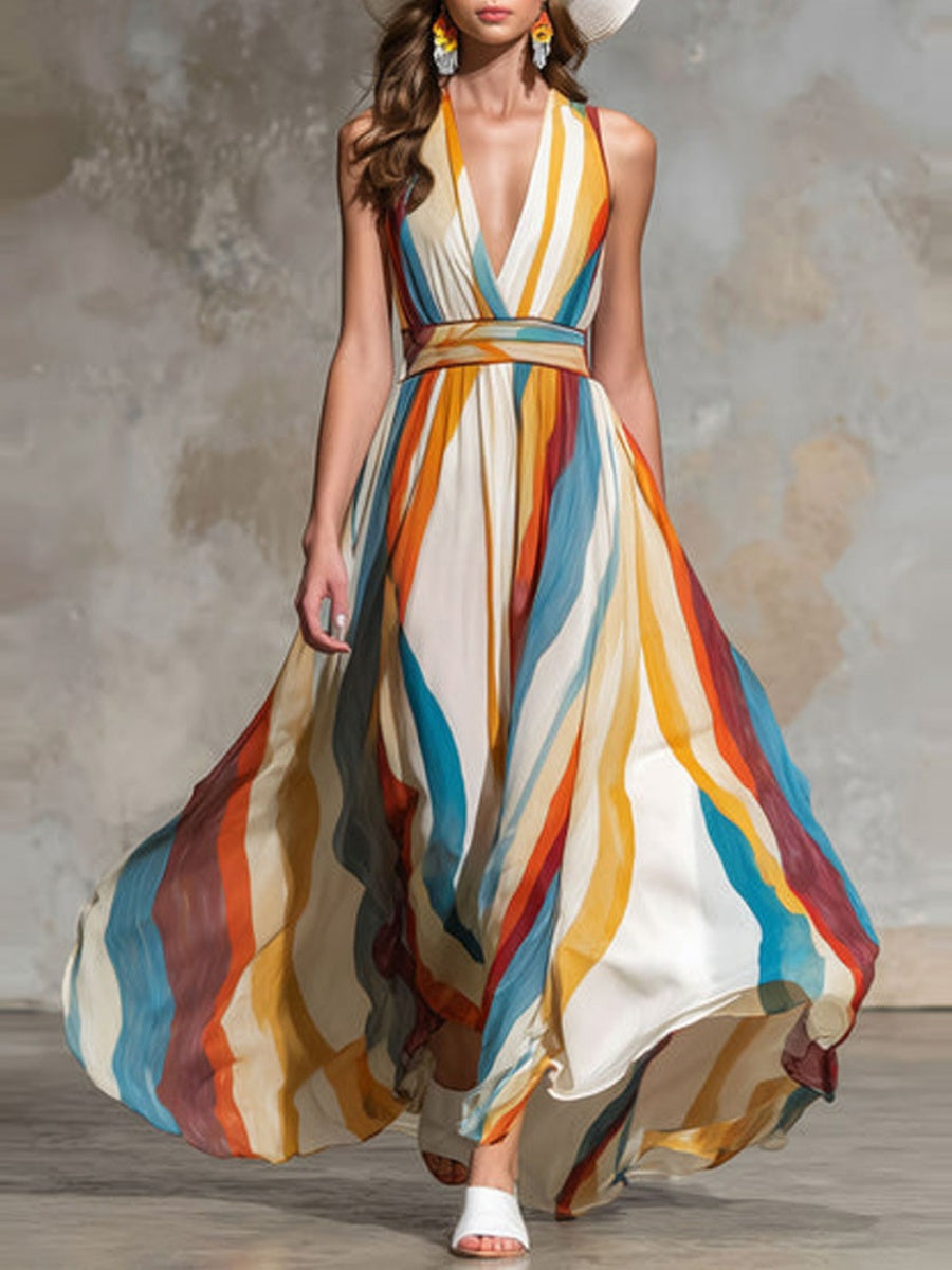 Stripes Wave Deep V Off-shoulder Vacation Maxi Dresses