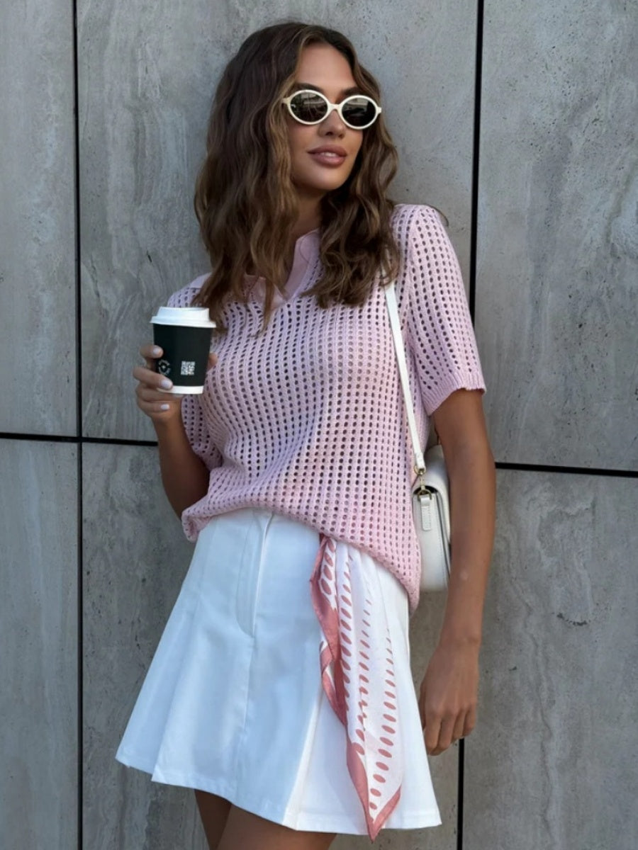 Hollow Crochet Lapel Short Sleeve Knitwear T-shirts
