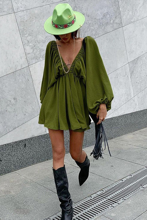 Crinkle Texture Deep V-Neck Puff Sleeve Babydoll Mini Dress