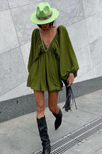 Crinkle Texture Deep V-Neck Puff Sleeve Babydoll Mini Dress