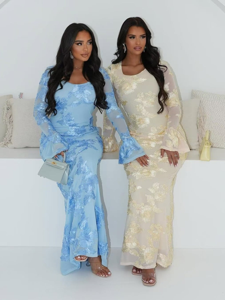 3D Floral Print, Backless, Bell-sleeved, Bodycon Long Dress