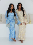 3D Floral Print, Backless, Bell-sleeved, Bodycon Long Dress