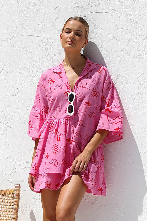 Novelty Sketch Print Collar V-Neck Button Front Tiered Smock Mini Dress