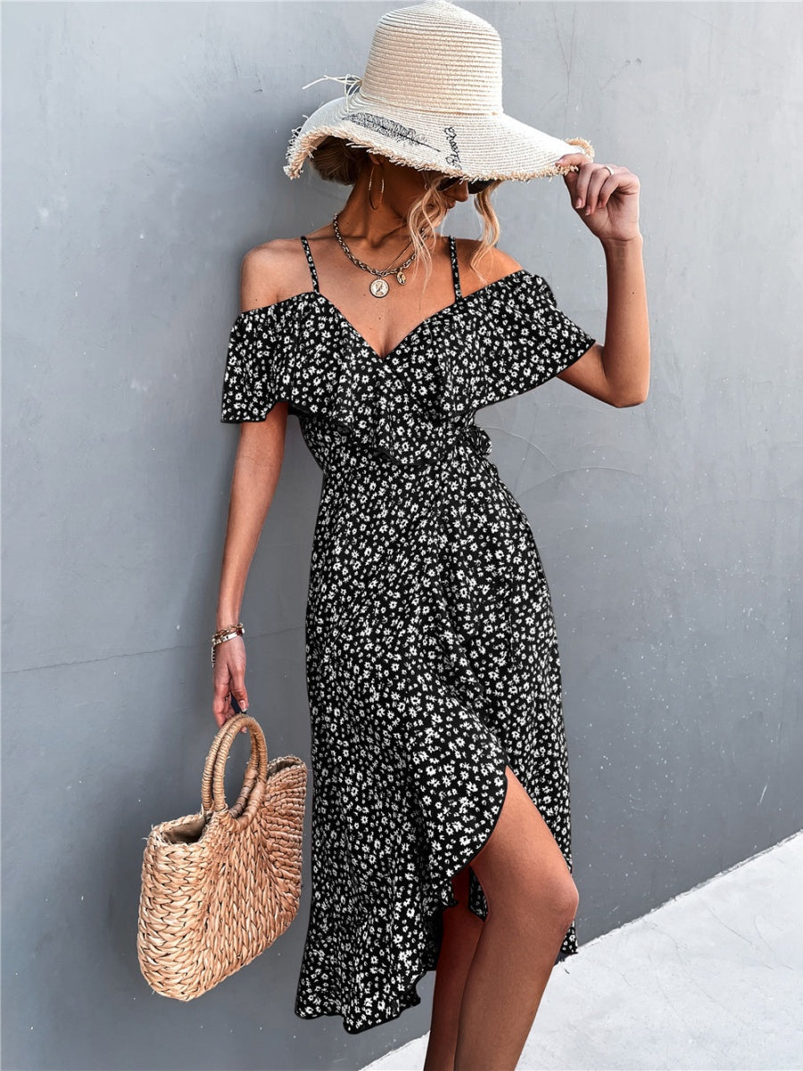 Off-the-shoulder Floral Print Sundress With Ruffles, Midi Length