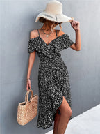 Off-the-shoulder Floral Print Sundress With Ruffles, Midi Length