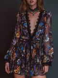 Lace Stitching Loose-fit Printed Mini&Short Dresses