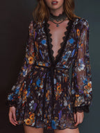 Lace Stitching Loose-fit Printed Mini&Short Dresses
