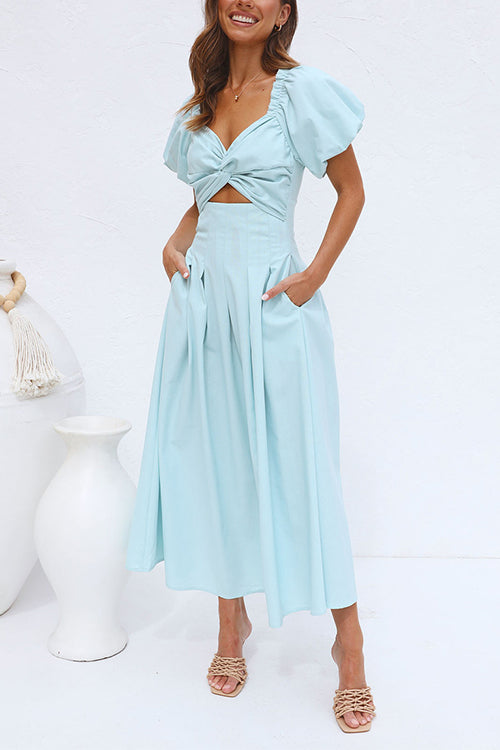 Twist Front Puff Sleeves Cut Out Pocketed Maxi Dress