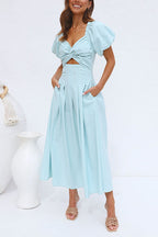 Twist Front Puff Sleeves Cut Out Pocketed Maxi Dress