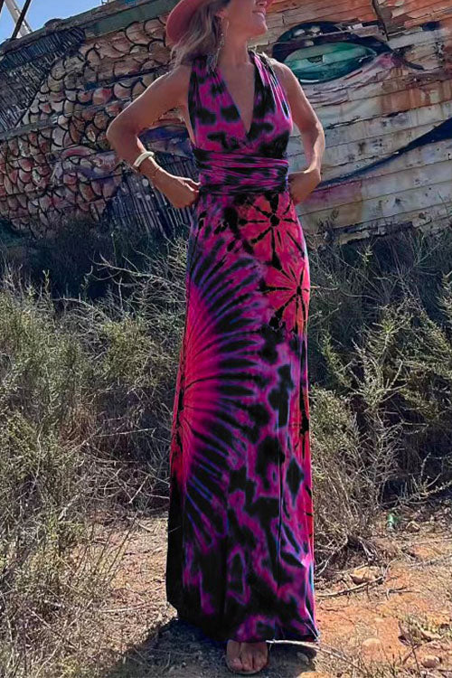 V Neck Criss Cross Backless Tie Dye Maxi A-line Dress