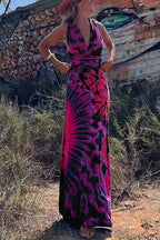 V Neck Criss Cross Backless Tie Dye Maxi A-line Dress