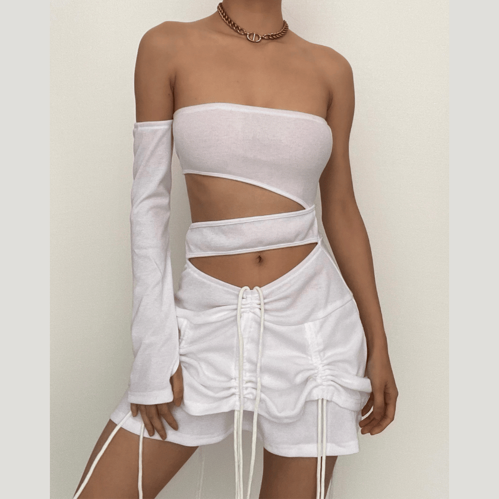 Solid irregular gloves off shoulder drawstring hollow out mini dress