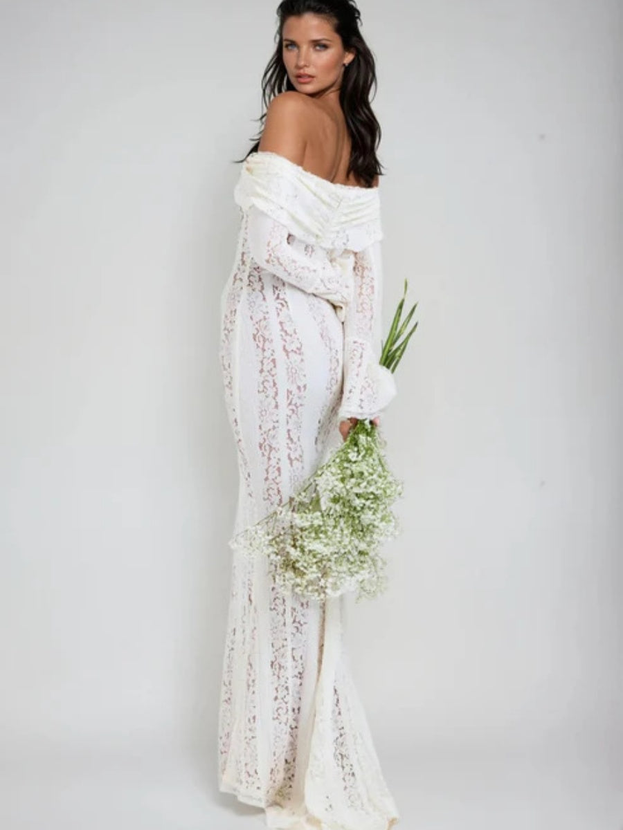Lace Hollow Off Shoulder Flared Sleeves Hip-hugging Maxi Dresses