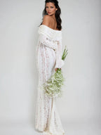 Lace Hollow Off Shoulder Flared Sleeves Hip-hugging Maxi Dresses