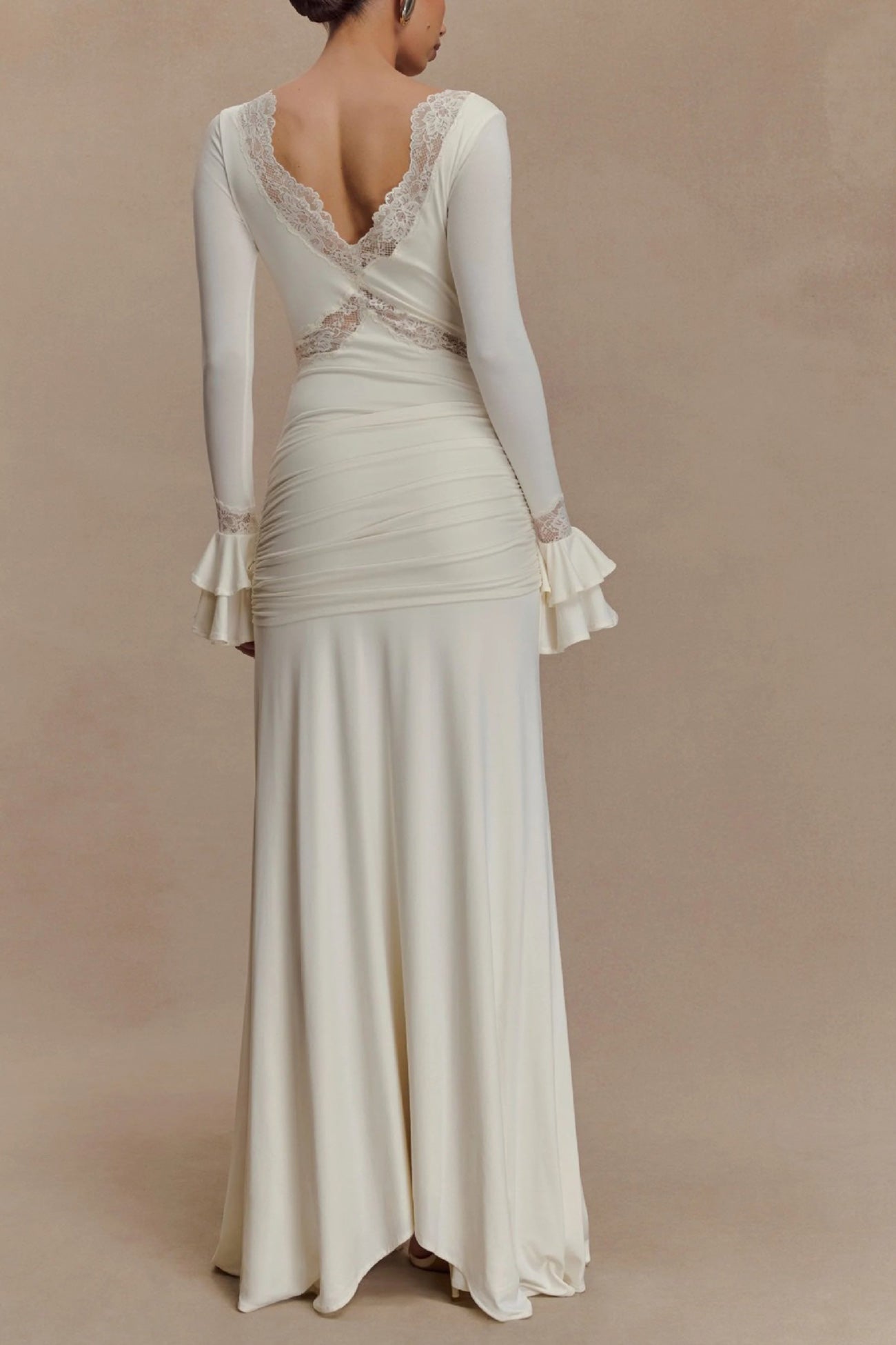 Lace Trim Deep V-Neck Ruffle Cuff Side Tie Long Sleeve Maxi Dress