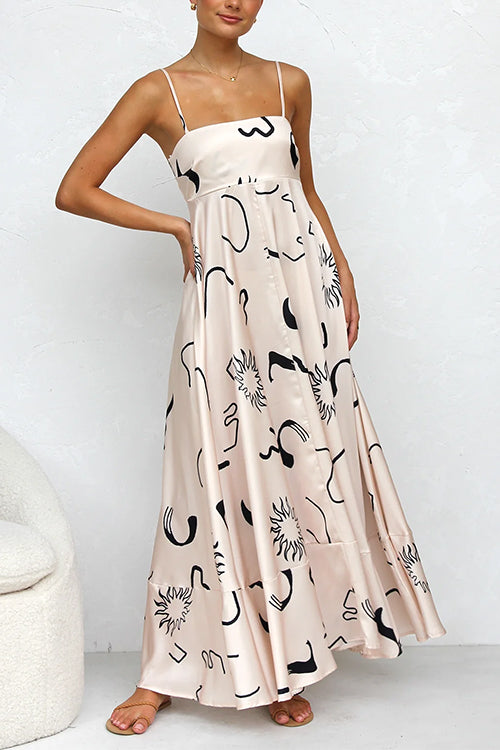 High Waist Graffiti Print Ruffle Swing Maxi Cami Dress